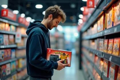 Jeune homme tenant une boîte de jeu Pokémon Nintendo Switch dans un magasin d'électronique en 2026
