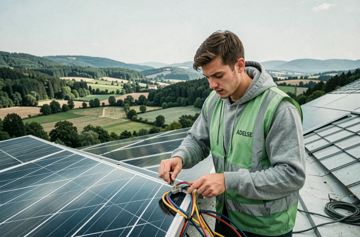 Un électricien d'ADELSE raccordant des panneaux solaires sur un toit avec le paysage de la Corrèze en arrière-plan