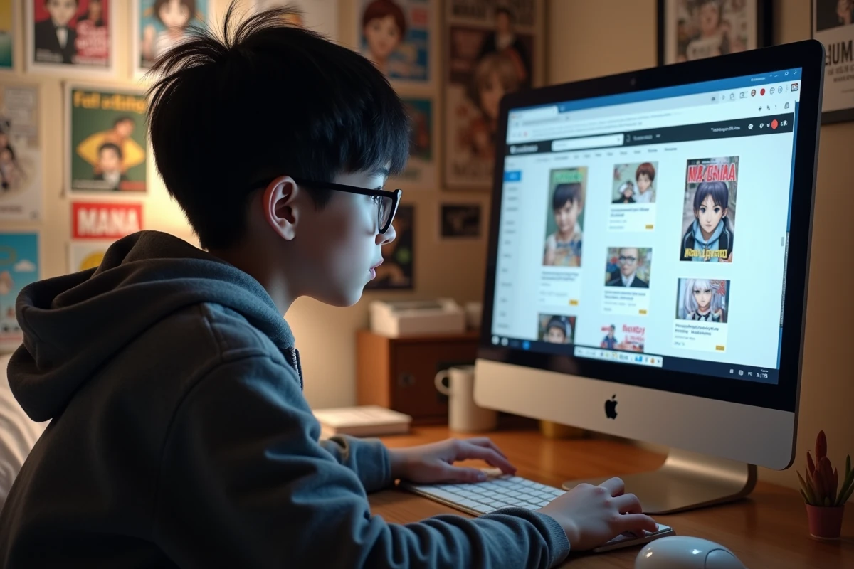 Adolescent regardant manga sur ordinateur dans chambre