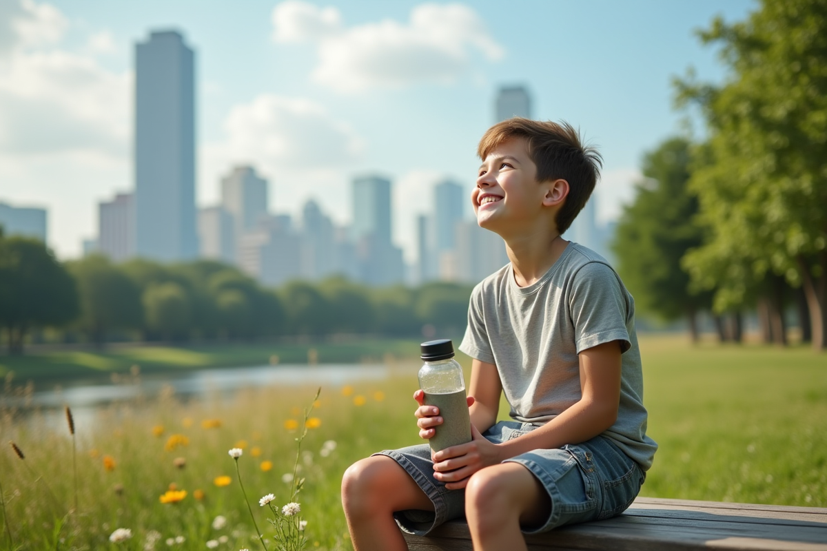 Adolescent souriant regardant les nuages dans un parc en début d