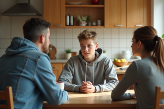 Jeune adolescent parle avec ses parents dans la cuisine lumineuse