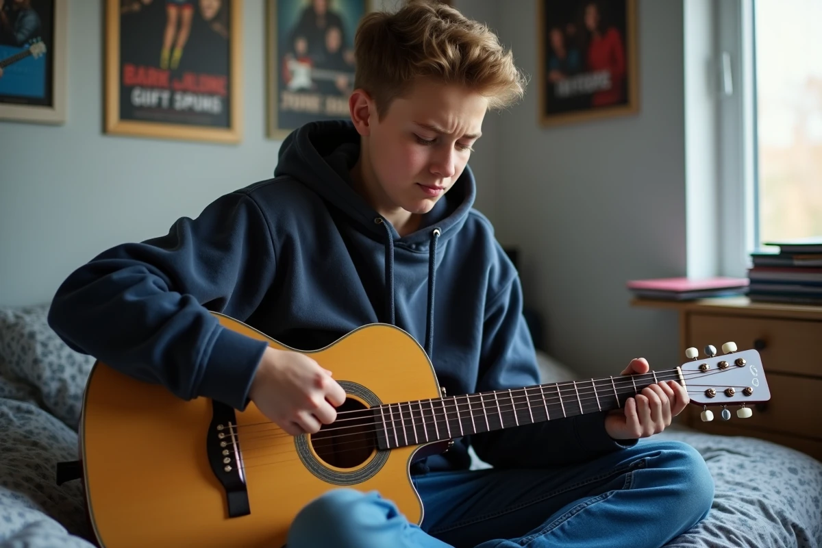 Adolescent apprenant les erreurs courantes des accords de Petite Marie à la guitare dans sa chambre