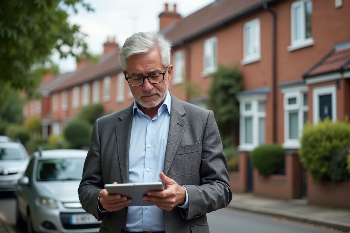 Agent immobilier examinant un quartier résidentiel avec tablette
