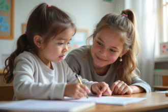 Jeune femme aidant un enfant en situation de handicap en classe
