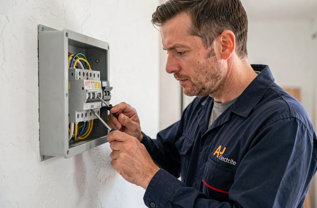 Un technicien d'AJ Electricité effectuant un raccordement électrique dans un tableau de distribution résidentiel en Corrèze