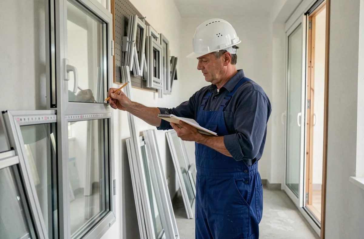 Technicien Alanse mesurant un cadre de menuiserie aluminium dans un atelier de serrurerie