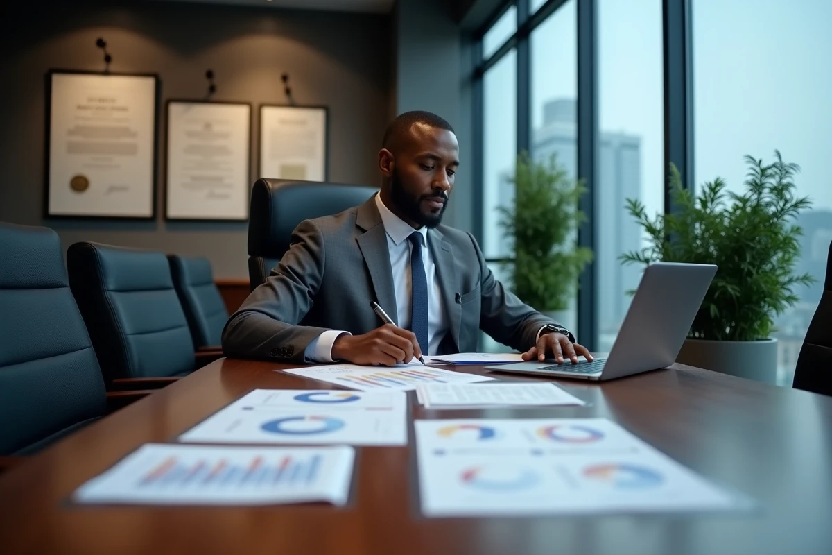 Homme d'affaires africain analysant des documents financiers dans une salle de réunion moderne, évoquant la fortune et les activités professionnelles d'Aliou Mara