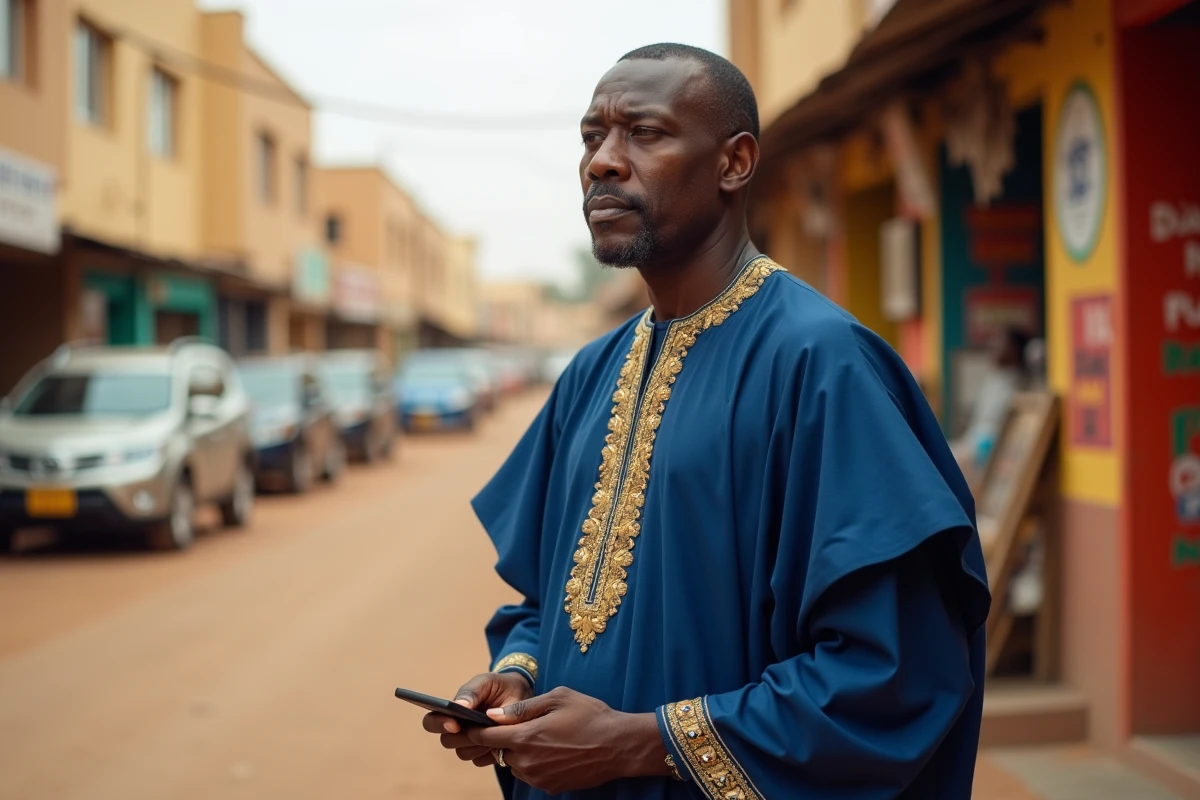 Homme influent en boubou traditionnel bleu dans un quartier commerçant de Dakar, portrait documentaire illustrant le parcours et l'influence d'Aliou Mara au Sénégal