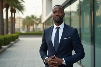 Portrait professionnel d'un homme d'affaires africain devant un immeuble moderne à Dakar, illustrant la carrière d'Aliou Mara en 2026