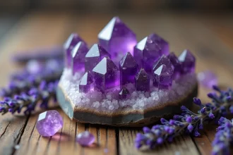 Cluster d'améthyste violette polie posé sur une surface en bois avec des cristaux bruts et des brins de lavande séchée en lithothérapie