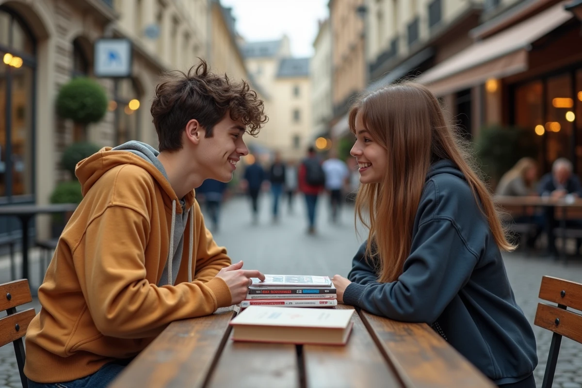 Deux amis discutant de manga en terrasse de café