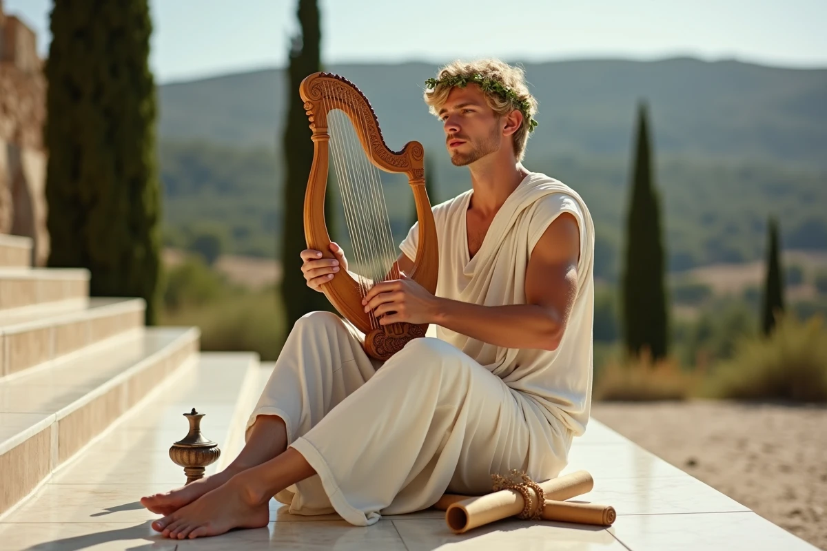 Jeune homme blond couronné de laurier jouant de la lyre sur une plateforme de marbre avec un brûle-encens en bronze et des parchemins, représentant Apollon dieu de la musique et des oracles