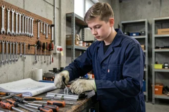 Jeune apprenti en atelier de formation professionnelle pratiquant un métier technique commençant par R après le collège