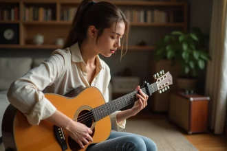 Jeune femme apprenant les accords de Petite Marie à la guitare acoustique dans un salon chaleureux