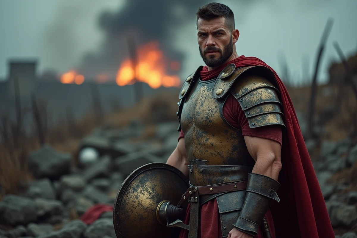 Homme musclé en armure de bronze cabossée debout sur un champ de bataille jonché de boucliers brisés avec une expression froide et déterminée, représentant Arès dieu de la guerre