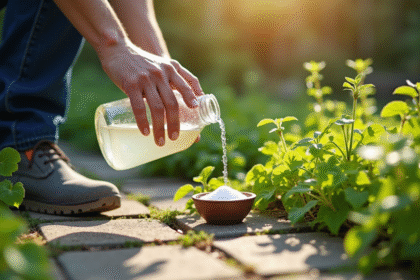 Personne versant du vinaigre blanc sur des mauvaises herbes entre pavés