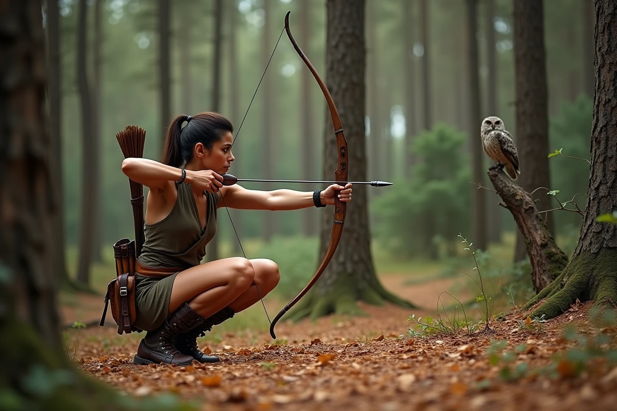 Jeune femme athlétique en tunique de cuir bandant un arc dans une forêt de pins avec un carquois sur le dos et une chouette perchée, représentant Artémis déesse de la chasse