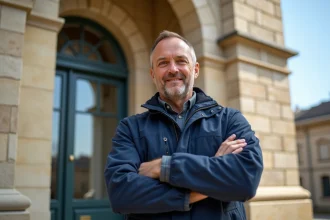 Artisan du bâtiment devant une façade en pierre bordelaise rénovée, illustrant la confiance apportée par la garantie décennale
