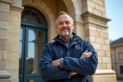 Artisan du bâtiment devant une façade en pierre bordelaise rénovée, illustrant la confiance apportée par la garantie décennale