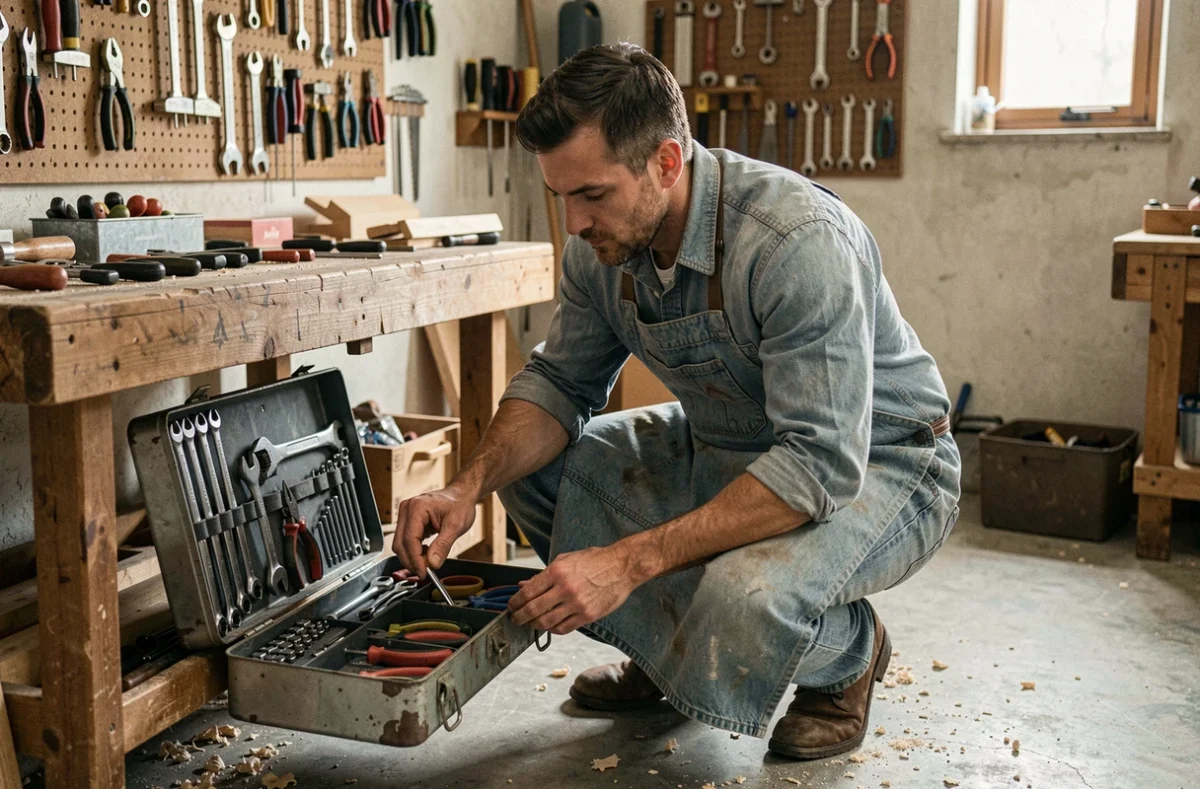 Artisan cherchant rapidement un outil en G dans une boîte à outils métallique dans un atelier de bricolage