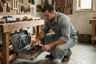 Artisan cherchant rapidement un outil en G dans une boîte à outils métallique dans un atelier de bricolage