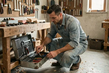 Artisan cherchant rapidement un outil en G dans une boîte à outils métallique dans un atelier de bricolage