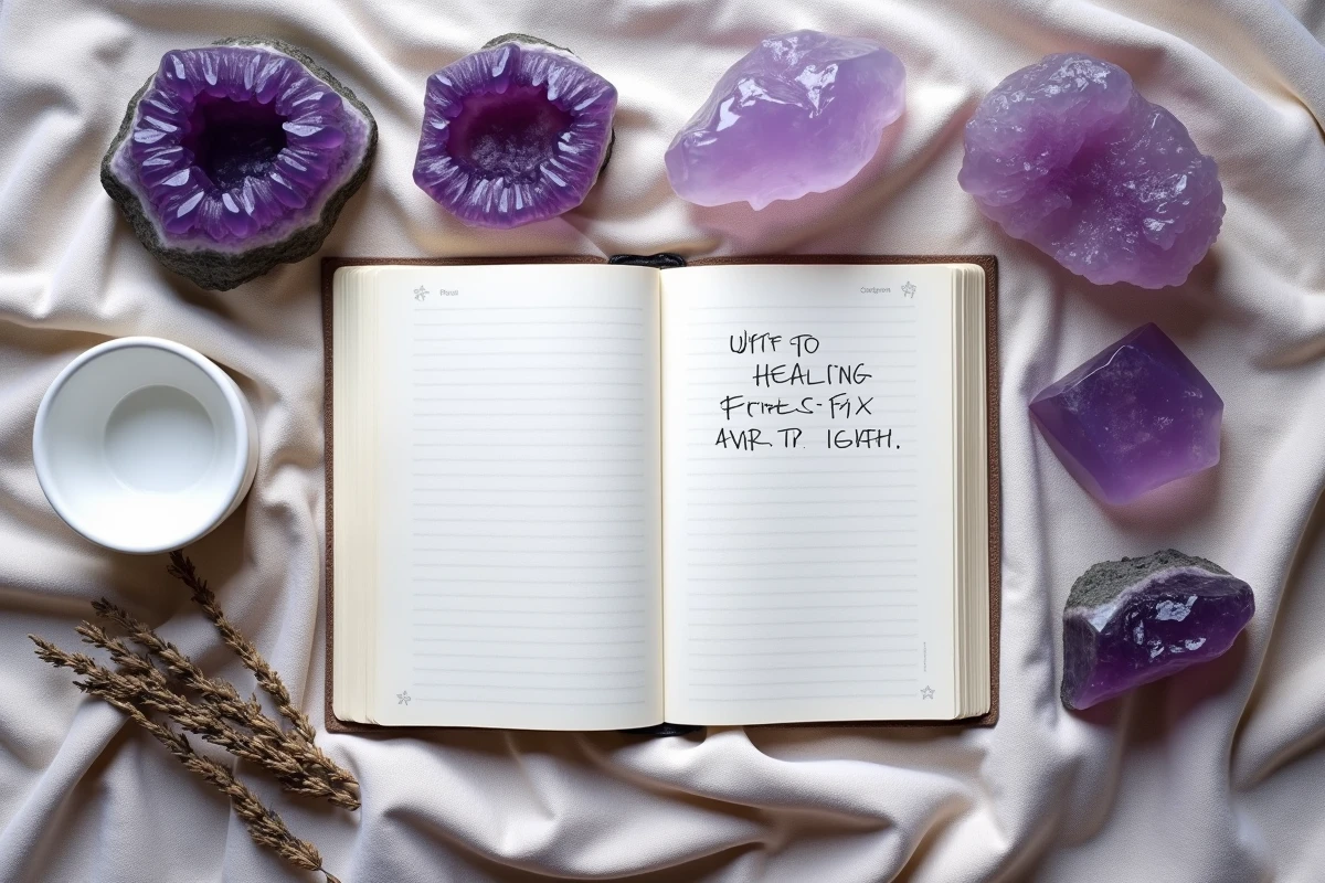 Vue du dessus d'un assortiment de pierres violettes de lithothérapie incluant améthyste, fluorite et lépidolite disposées sur un tissu en lin avec un carnet de notes
