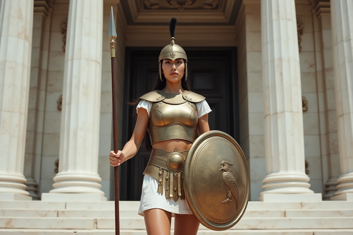 Femme en armure de bronze tenant une lance et un bouclier orné d'une chouette devant un temple de marbre, incarnant Athéna déesse de la guerre stratégique et de la sagesse