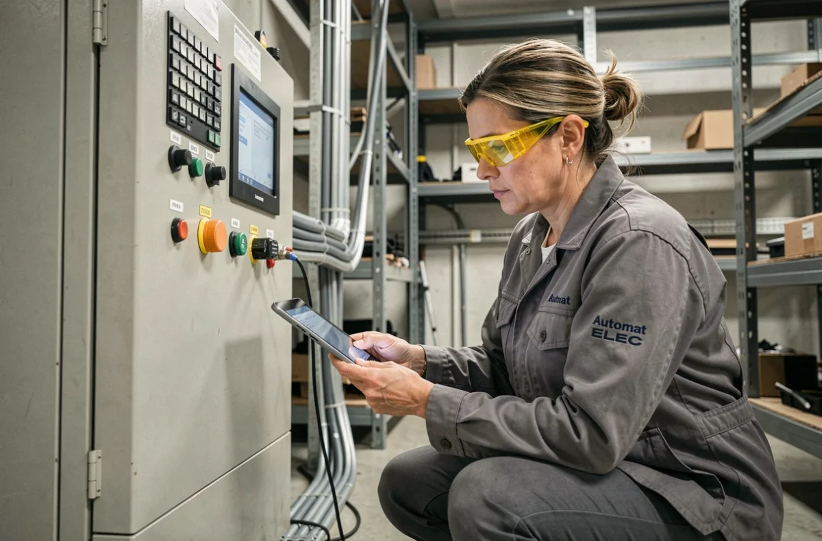Une électricienne d'Automat Elec travaillant sur un tableau d'automatisation industrielle dans un atelier en Corrèze