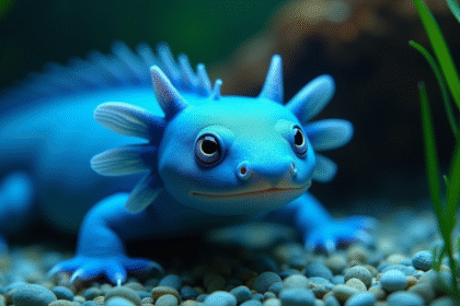 Axolotl bleu dans un aquarium d'eau douce