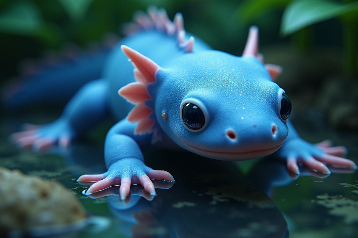 Axolotl bleu régénérant un bras en gros plan