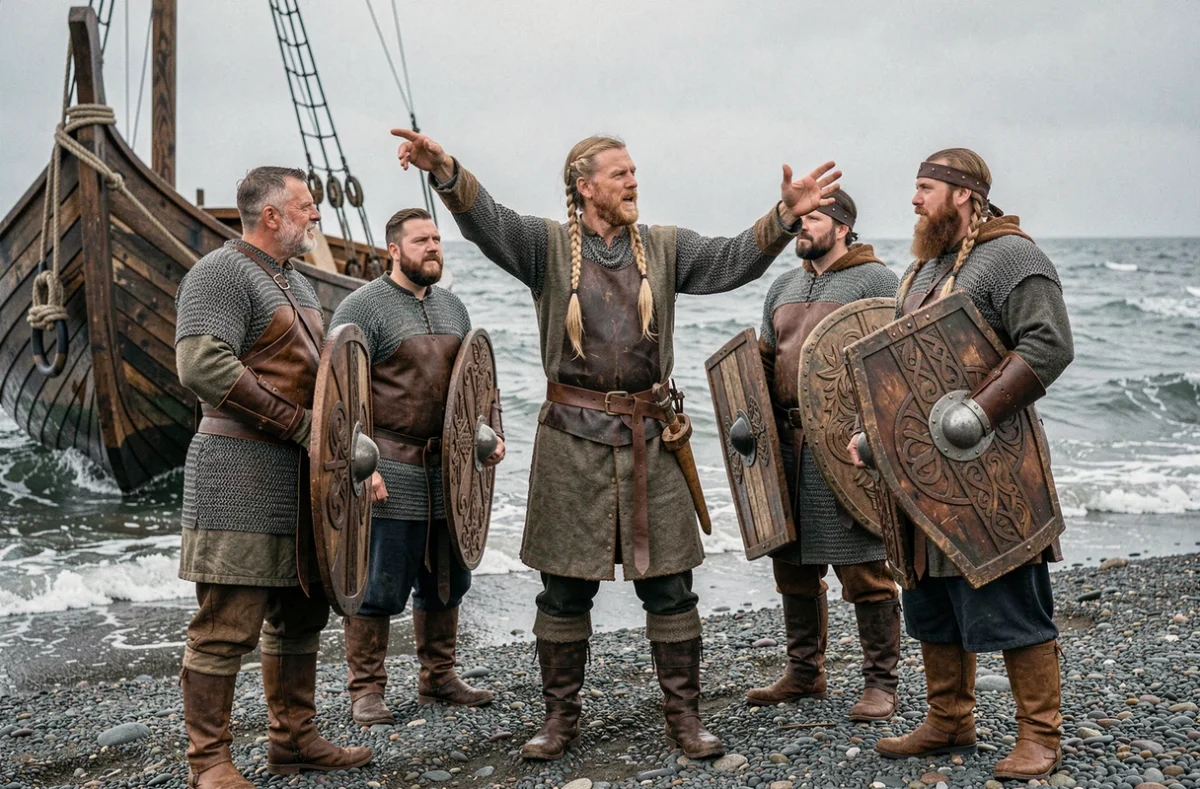 Groupe de guerriers vikings réunis autour d'un drakkar sur un rivage nordique, évoquant les exploits maritimes et militaires de Bjorn roi entouré de ses compagnons