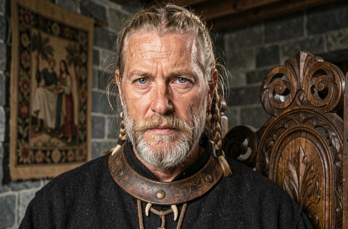 Portrait rapproché d'un chef viking mature aux yeux bleus perçants assis près d'un trône sculpté en bois, illustrant l'héritage royal et le charisme légendaire de Bjorn roi