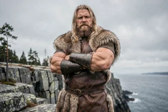 Homme de type viking au physique imposant debout sur une falaise nordique rocheuse, symbolisant la figure légendaire de Bjorn roi dans un cadre épique et authentique