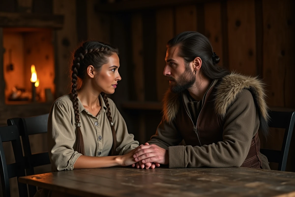Couple en costumes vikings partageant un moment intime dans une longhouse, illustrant les histoires d'amour de la série Vikings
