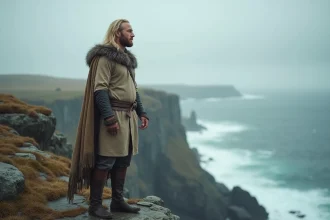 Guerrier viking aux cheveux blonds sur une falaise nordique contemplant la mer, évoquant l'univers de la série Vikings