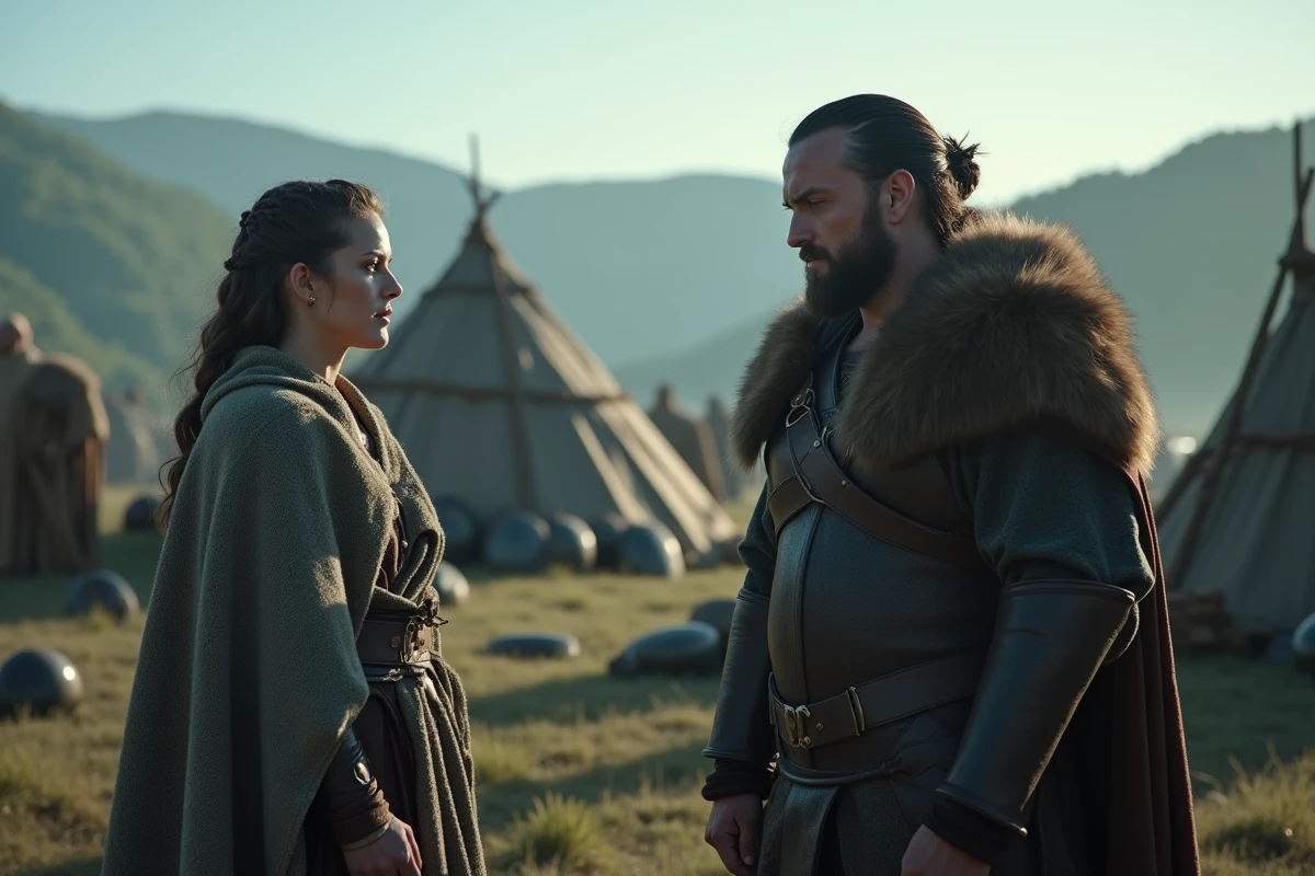 Deux personnages vikings en tension émotionnelle dans un campement historique à l'aube, référence aux relations complexes dans la série Vikings
