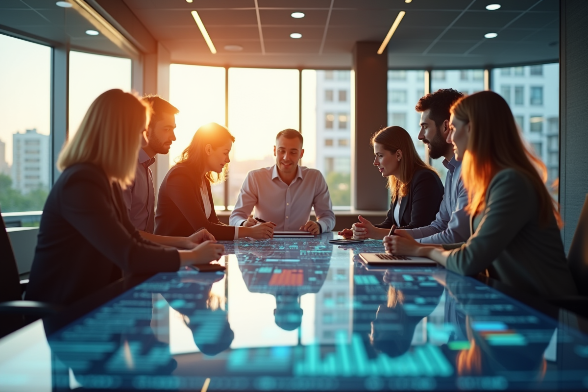 Bureau moderne avec professionnels collaborant autour d'une table numérique