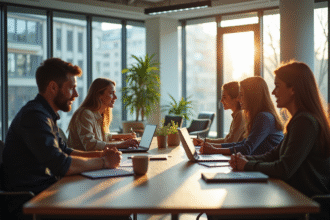Bureau moderne ouvert avec équipe diverse en réunion
