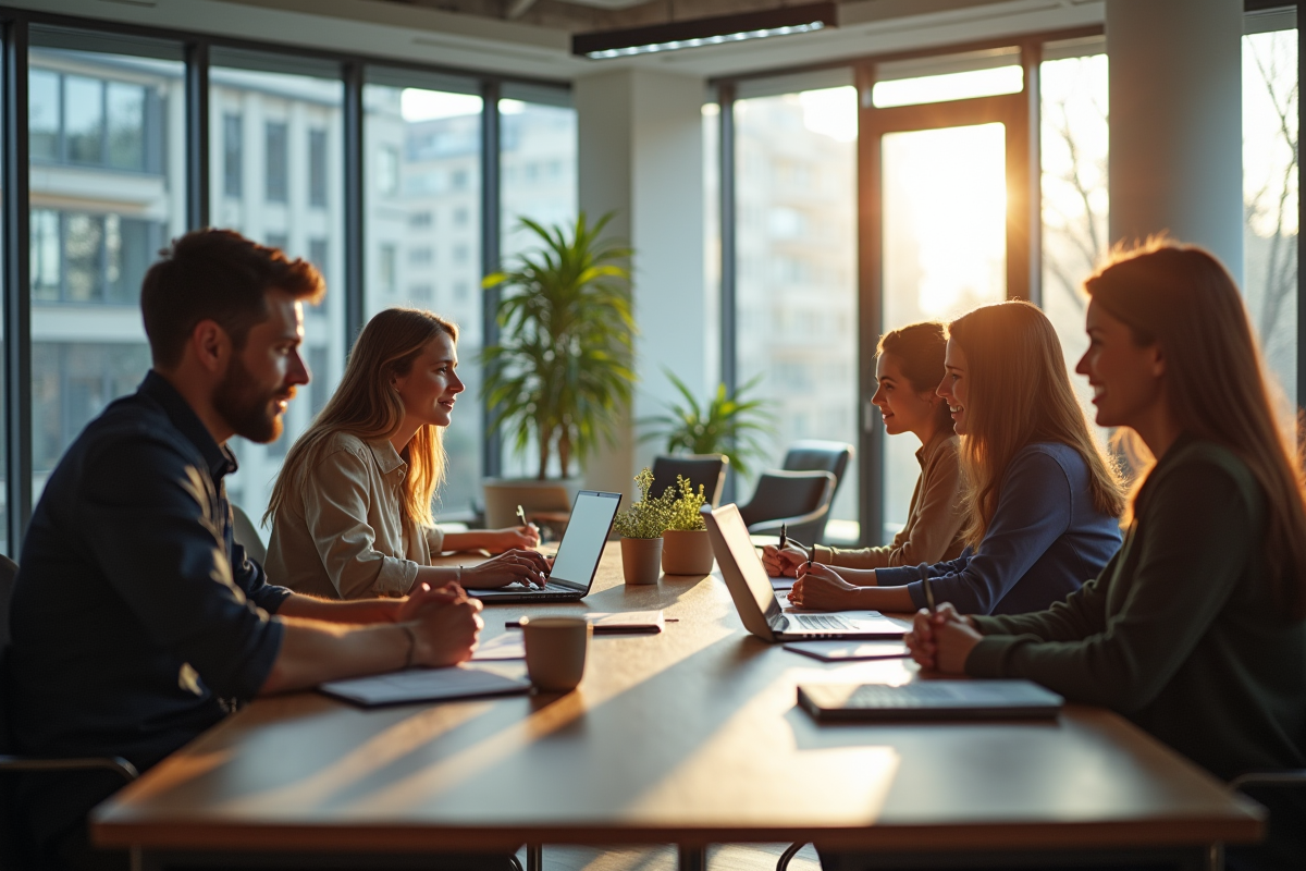 Bureau moderne ouvert avec équipe diverse en réunion