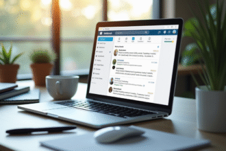Bureau moderne avec ordinateur affichant une boîte mail organisée
