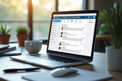 Bureau moderne avec ordinateur affichant une boîte mail organisée