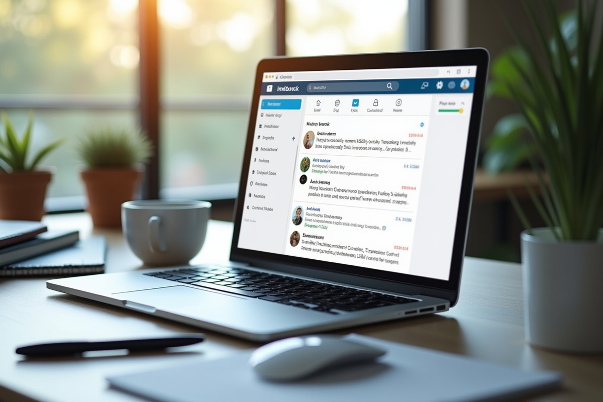 Bureau moderne avec ordinateur affichant une boîte mail organisée