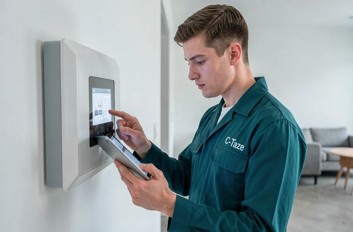 Un électricien de C-Taze installant un tableau électrique intelligent dans un appartement contemporain en Corrèze
