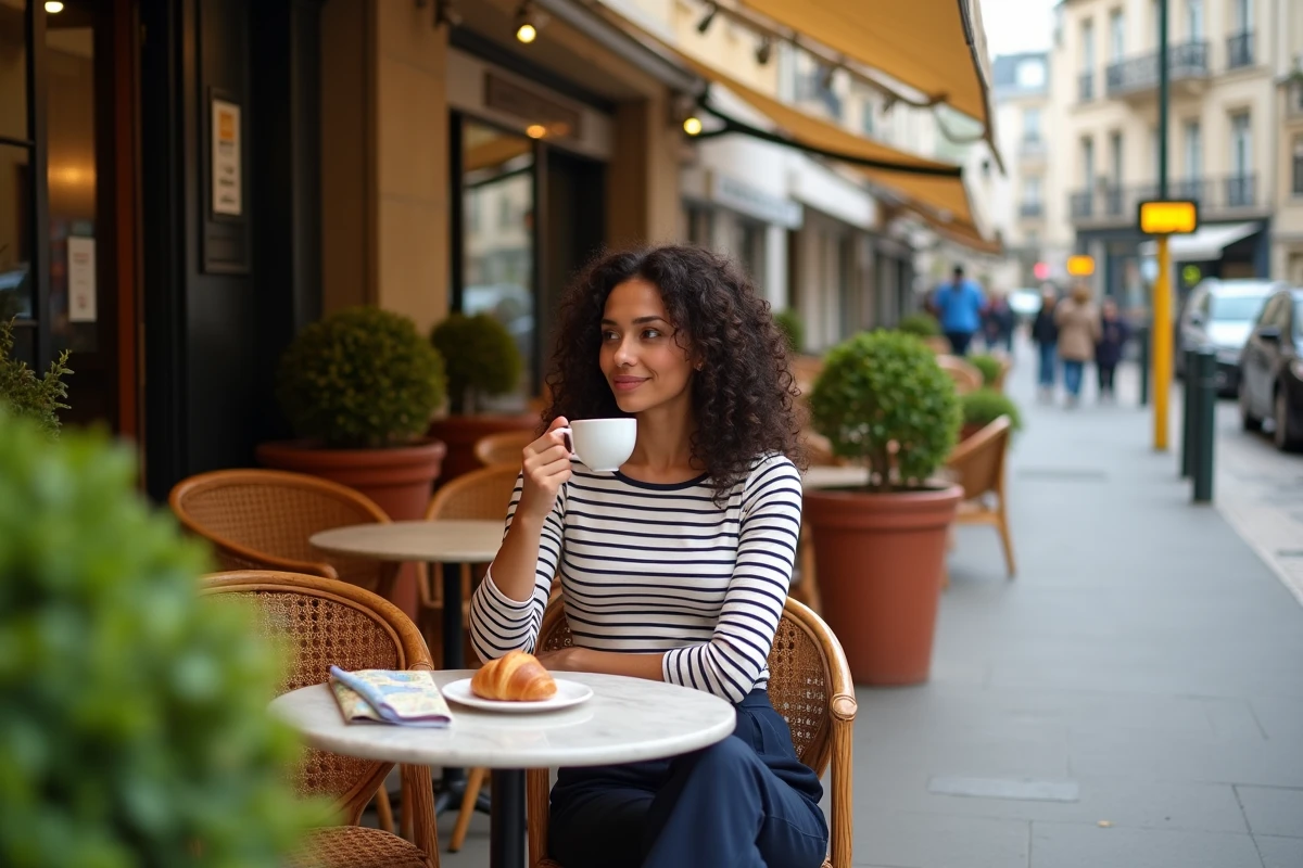 Terrasse de café parisien avec une femme savourant un espresso près de la Rue Vivienne, chaises en rotin et tables en marbre
