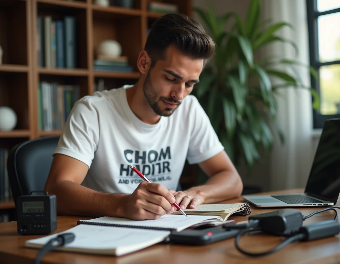Jeune homme calculant la conversion watt ampère pour ses appareils électroniques à domicile