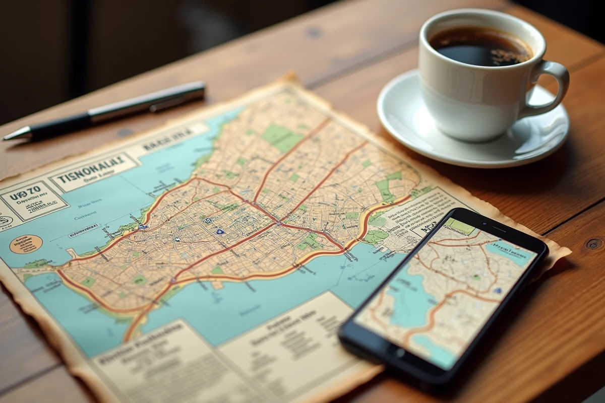 Carte postale détaillée des codes postaux de Barcelone par quartiers posée sur une table de café