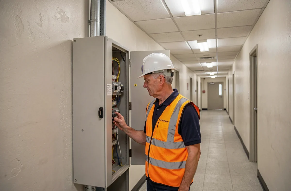 Un électricien de Centrelec inspectant une armoire de distribution électrique dans un couloir de bâtiment commercial en Corrèze