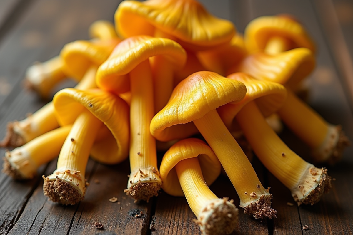 Champignons chanterelles jaunes sur une table en bois rustique