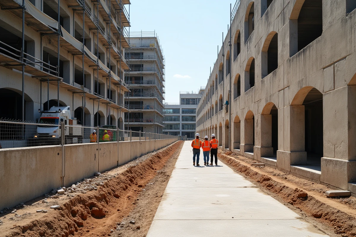 Chantier de rénovation urbaine dans le nord de Marseille avec bâtiments anciens et nouvelles constructions modernes